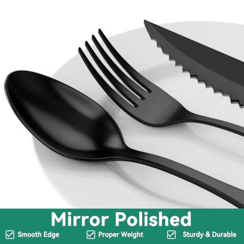 49-Piece Black Silverware Set with Organizer, Stainless Steel Flatware Set for 8 with Drawer Tray, Cutlery Steak Knives Fork Spoon for Home Restaurant, Mirror Finish