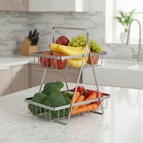 Image of 2 Tier Metal Fruit and Vegetables Basket with Handle | Fruit Vegetables Snacks and Bread Organizer for Kitchen, Dining Table, Livingroom | Bathroom Countertop Stand (Design 2 - Silver)