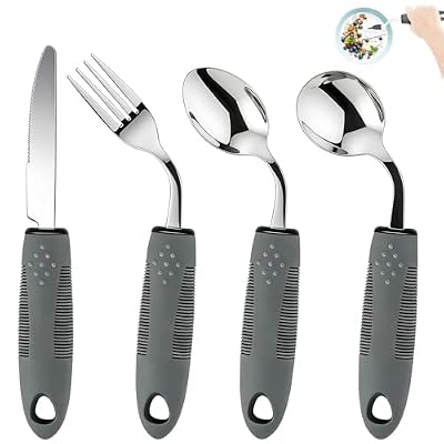 KintKita Adaptive Utensils for Elderly 4 Piece, 2.9 oz Weighted Silverware for Hand Tremors, 45°Angled Parkinsons Utensils for Elderly, Arthritis, Weak Hand Grip, Right-Handed Use