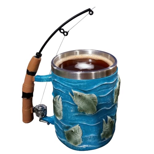 Angler Tassen Mit Ruten-Griff Für Männer 350ml Thermo-Becher Für Kaffee Bier & Kalte Getränke Für Zuhause Camping Studentenwohnheim Hotel Apartment Lustiges Geschenk Für Angler