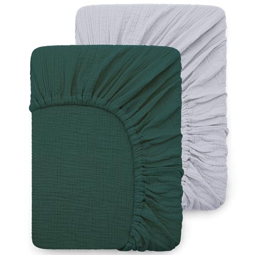 Image of Pro Goleem Muslin Bassinet Sheet for Boys and Girls, Soft Breathable Fitted Cotton Baby Sheets Set for Oval Hourglass and Rectangular Bassinet Mattress, Neutral, 2 Pack (Grey＆Green)