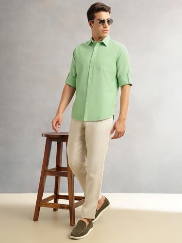 Image of Thomas Scott Men's | Solid | Premium Linen Blend | Spread Collar | Summer Wear | Long Sleeve | Shirts for Men
