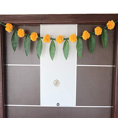 PELLISANDADI Artificial Marigold Flowers Hanging Toran Garland with Mango Leaf | Reusable Genda Flower Toran | For Main Door, Window, Festive Decoration (Yellow & Green) (Length - 40 Inch) (Pack of 1)
