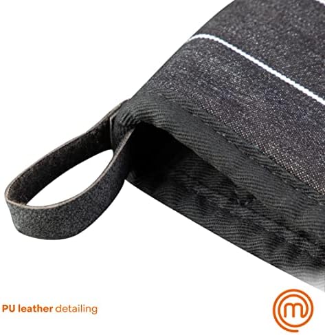 MasterChef Double Oven Gloves Heat Resistant 100% Cotton Black Cooking Stove Mitt Pot Holder With Vegan PU Leather Logo & Hanging Loop, Machine Washable
