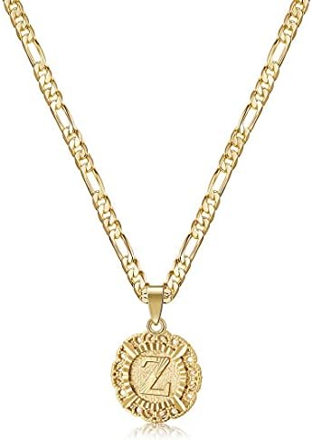 KissYan Initial Necklace For Women Girl,14K Gold Plated Round Letter Pendant Necklace Capital Monogram Necklace Alhpabets from A-Z Figaro Chain Necklace
