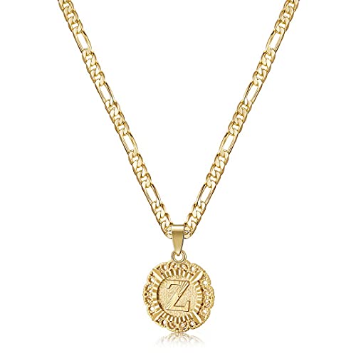 KissYan Initial Necklace for Women,14K Gold Plated Round Letter Pendant Necklace Capital Monogram Necklace Alhpabets from A-Z Figaro Chain Necklace(Gold Z)