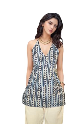 Image of Women's Indigo Hand Block Printed Halter Neck Tunic Top - Sleeveless reyon Kurti for Casual, Beach & Summer Wear