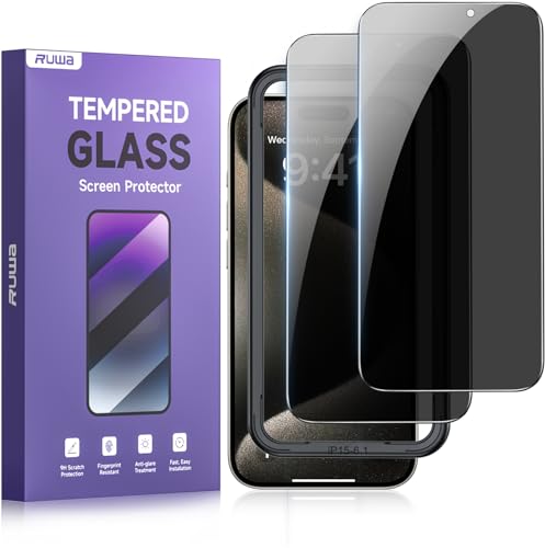 Verre trempé anti-peep iPhone 15 ruwa lot de 3 protections écran 9H avec cadre de pose