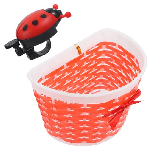 OHPHCALL Plastic Basket for Bikes and Scooters Small Red Knitted Design with Car Bell for Boys for Storage and Playtime