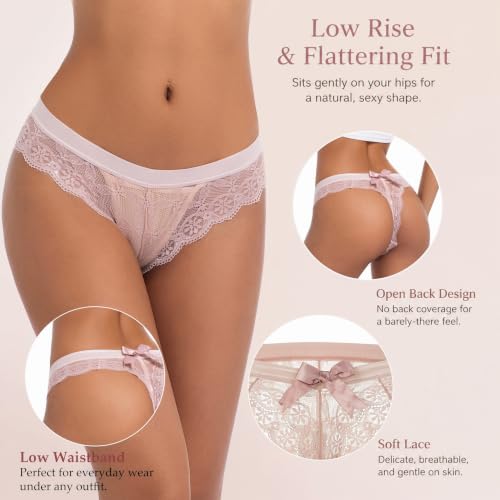 Image of sasiga Women Lace Bow Thongs,T Back Low Waist Panties Sexy V-Shape Design Floral Lace,Breathable Panties for Women 3-Pack