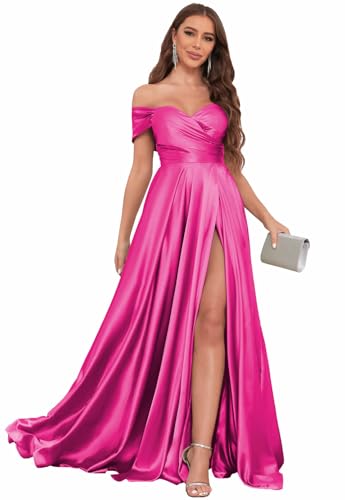 Image of SOLODISH Off The Shoulder Satin Prom Dresses for Women Long Formal Evening Party Dress with Slit