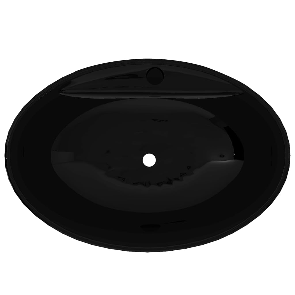 vidaXL Lavabo Ovalado con Agujero Desague Cerámica Negro Brillante Lavamanos