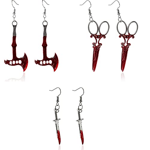 3 Pairs Halloween Scissors Ax Knife Shape Dangle Earrings Set Punk Red Blood Print Earrings for Women Girls Jewelry(A)