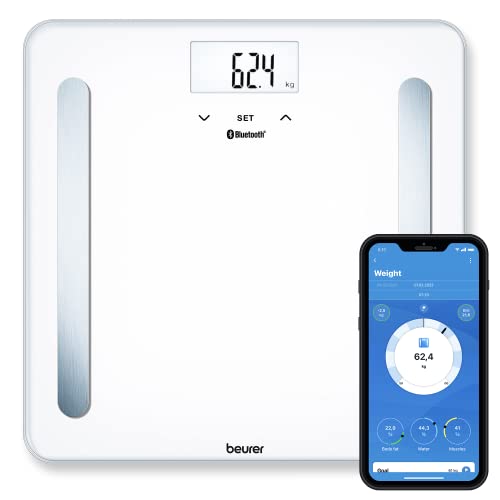 Beurer BF 600 - Báscula digital de diagnóstica con IMC y función Bluetooth de vidrio, con App en español, color blanco