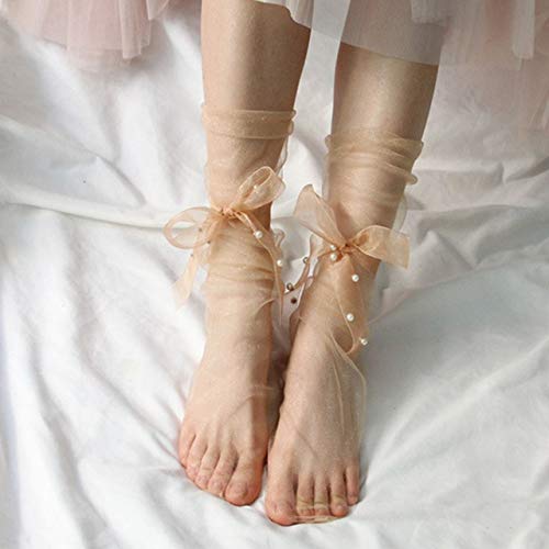 CYMTZ 5 Paires/Pack Été Ultra-Mince Tulle Chaussettes Femmes Perles Transparentes Longues Chaussettes Femme en Mousseline De Soie À Lacets Chaussettes Drôles   Nude Cover