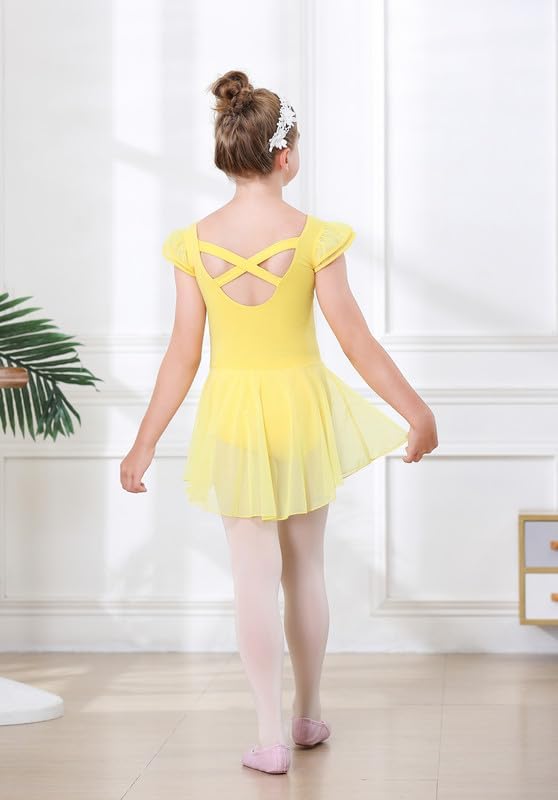 Image of DIPUG Ballet Leotards for Girls Ballet Leotard with Skirt Toddler Dance Leotards Flutter Sleeve and Criss-Cross Back