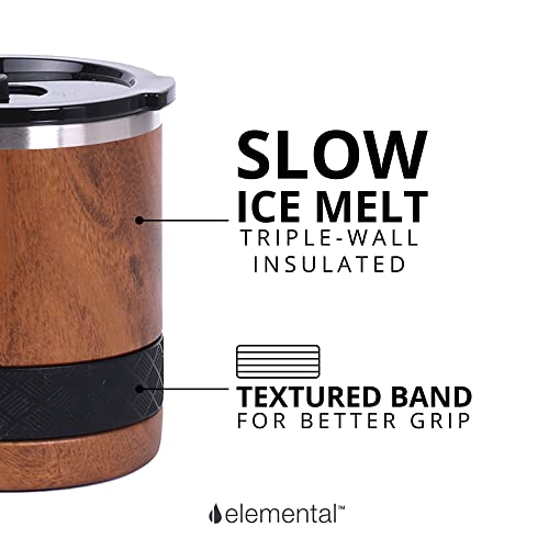 Elemental Recess Lowball Tumbler, 10Oz Triple Wall Stainless Steel Cup With Non-Shattered Tritan Lid, Insulated Whiskey Glass, Insulated Coffee Tumbler Mug For Hot & Cold Drinks - Teak Wood #TOP2