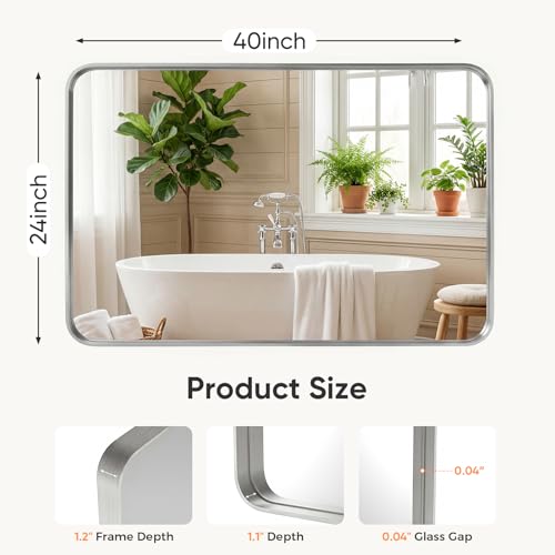 Image of NEWBULIG 24 inchx40 inch Sliver Wall Mirror, Bathroom Mirrors for Over Sink, Matte Metal Framed Vanity Mirror with Tempered Glass, Entryway, Living Room, Bedroom