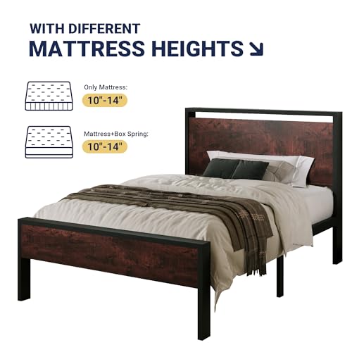 Image of Allewie Twin Size Bed Frame, Heavy Duty 12 Metal Slats Support, Mahogany