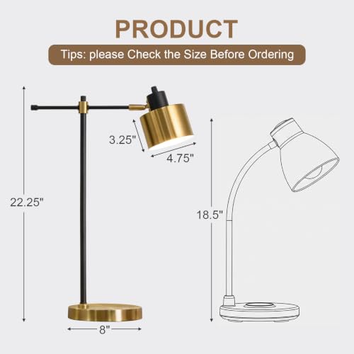 Image of OYEARS 22.2 inch Modern Desk Lamp, Metal Table Lamp with LED Bulb, Adjustable Reading Lamps for Living Room, Mid Century Task Lamp for Home Office, Industrial Bedside Lamps with Solid Base,Black and Gold
