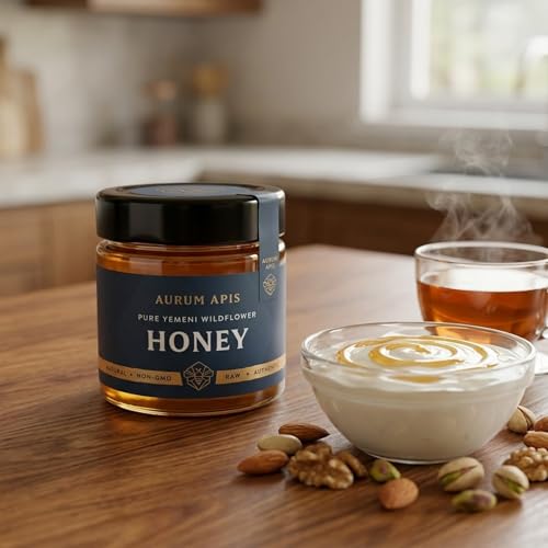 Image of Aurum Apis Raw Yemeni Wildflower Honey - 100% Raw & Unfiltered Pure Honey, Hand-Harvested, Non-GMO, Unprocessed Certified Organic Honey from Wildflower, Premium Honey Jar (130g)