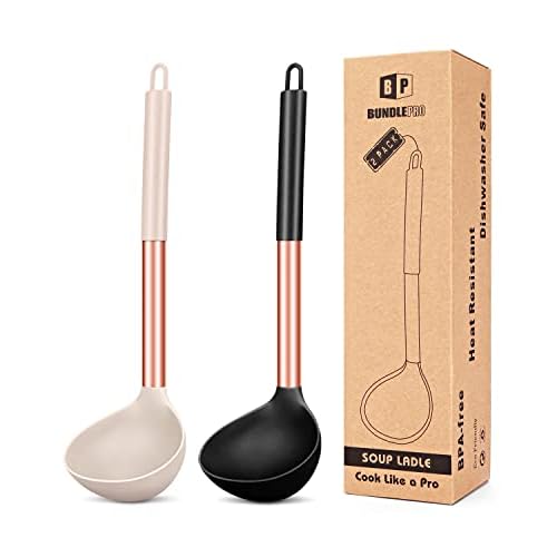 Pack of 2 Ladle Spoon,Silicone Large Spoon for Soup,Non Stick Kitchen Utensils with High Heat Resistant,BPA Free Perfect Kitchen Tools for Cooking, Stirring,Serving Soups (ROSE GOLD BLACK-KHAKI)