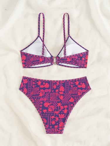 Image of Fanuerg Women's Triangle Bikini Sets O Ring Linked Two Piece Swimsuits Floral Printed Cheeky Bathing Suit