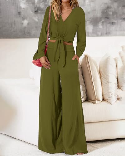 PRETTYGARDEN Women's 2 Piece Outfits 2025 Fall Fashion V Neck Long Sleeve Strappy Crop Top Wide Leg Pant Lounge Sets3