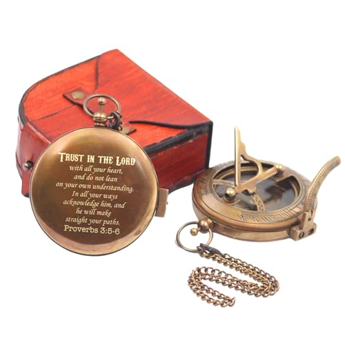 Brújula Sundial Compass con estuche de cuero y verso bíblico Proverbios 3 5-6 miniatura 1