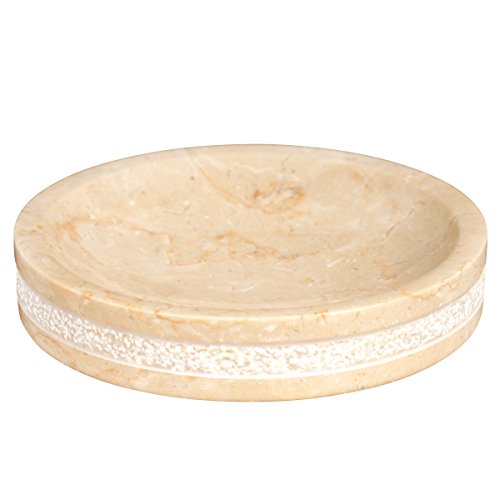 Creative Home Natural Champagne Marble Stone Spa Collection Hand Carved Dish Soap Tray Holder For Bathroom Countertop Organize, 5" Diam. X 1" H #TOP10