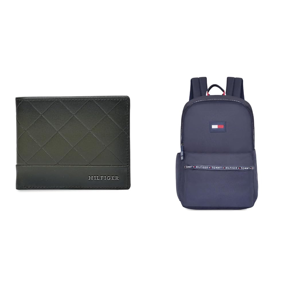 Men's Embossed Leather Global Coin Wallet Kornos - Olive | Textured Bifold with 4 Card + Unisex Joplin Polyester 14 Inch Laptop Backpack - Navy-image-5