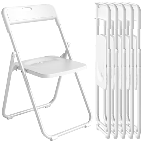 HOMCOM Lot de 6 chaises pliantes en plastique et acier, chaises pliantes intérieures portables, dossier incurvé, assise concave, aération, trou de transport, pour maison, bureau, salle à manger, blanc