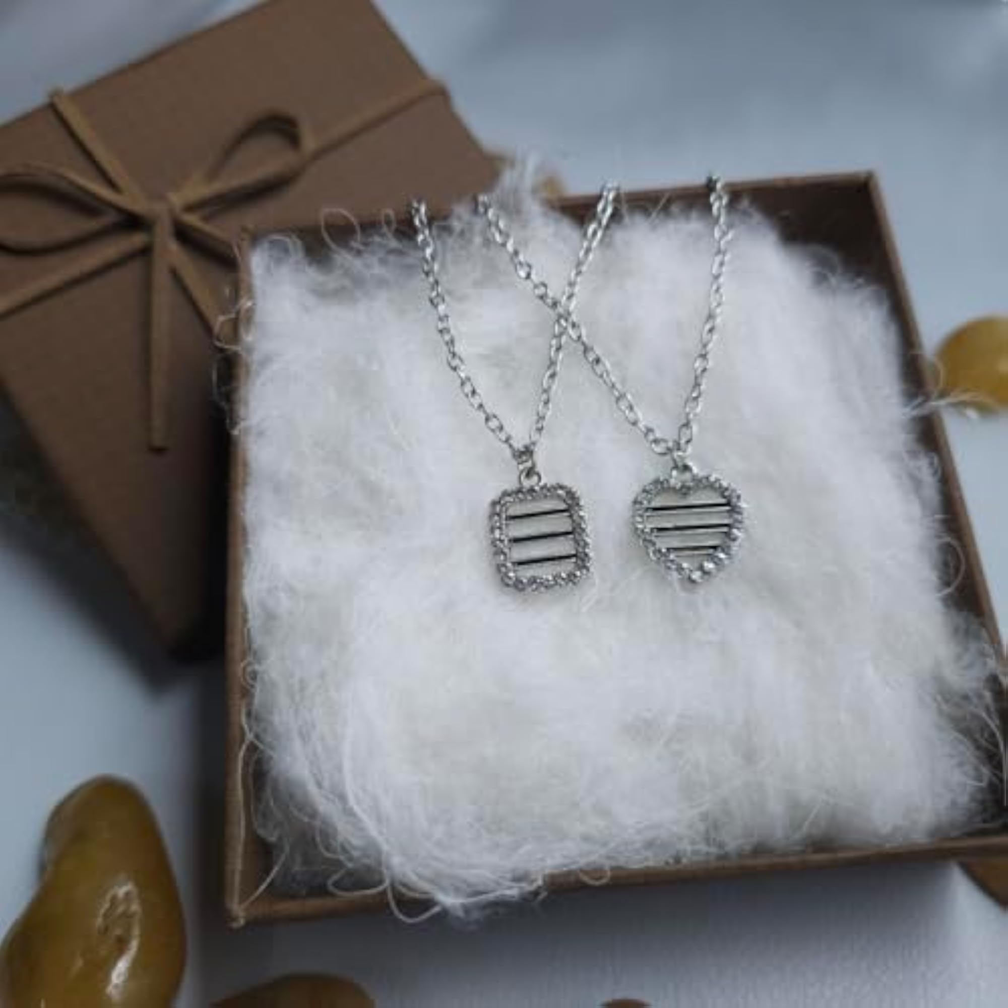 2 PCS Diamond Halo Pendant Necklace Set, Square & Heart Shape