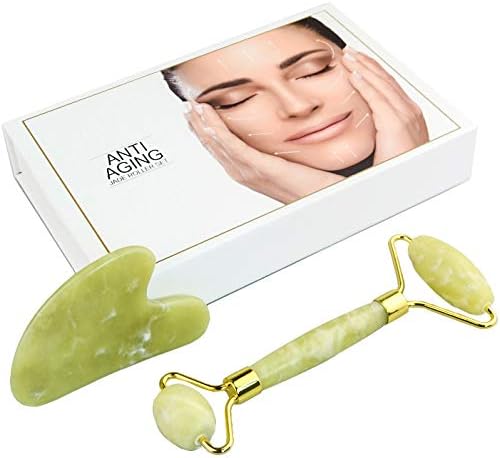 Jade Roller and Gua Sha Set – 2 in 1 Natural Facial Jade Roller and Gua Sha Facial Tool Massager for Anti-Aging, Wrinkles, Slimming, Scraping and Facial Therapy (Jade Roller for Face)