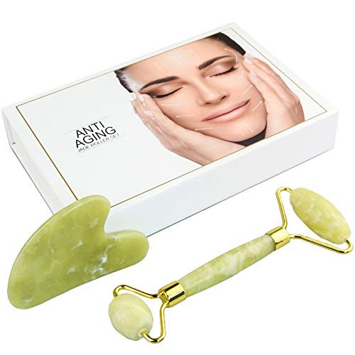 Jade Roller and Gua Sha Set – 2 in 1 Natural Facial Jade Roller and Gua Sha Facial Tool Massager for Anti-Aging, Wrinkles, Slimming, Scraping and Facial Therapy (Jade Roller for Face)