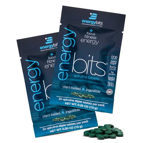 ENERGYBITS Organic Spirulina Tablets (60 Algae Tablets) Natural Superfood for Energy Fitness & Focus - 5g Protein 1 Calorie Sugar Free - Omega 3 - Spirulina Capsules - Gluten Free Keto & Vegan