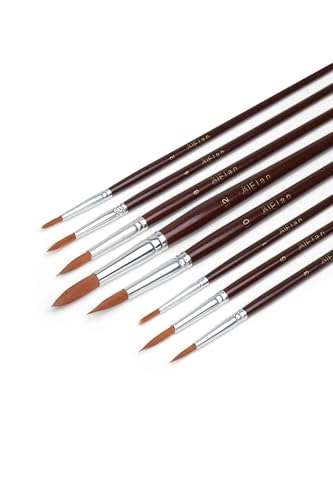Elan Lot de 8 pinceaux ronds nylon synthétique pour artiste - Manche court - Peinture acrylique et gouache