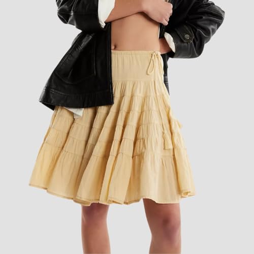 Women Flowy Swing Tiered Midi Skirt Low Rise Drawstring Tie Front Solid Flared A-Line Boho Vacation Short Skirt2