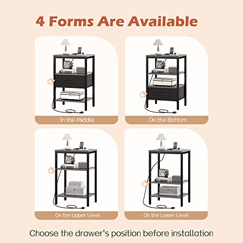SUPERJARE Nightstand with Charging Station, Bed Side Table with Adjustable Fabric Drawer, Night Stand for Bedroom, 3-Tier Storage End Table, for Living Room - Charcoal Gray
