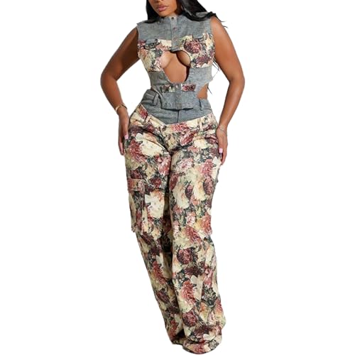 Molilove Women’s 2 Piece Outfits Sexy Floral Sleeveless Hollow Out