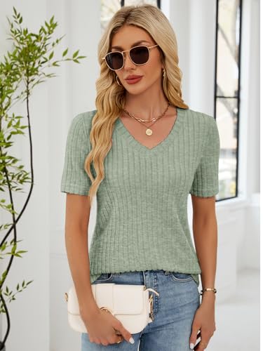 Short Sleeve Summer Shirts for Women Casual Ribbed Loose Fit Lightweight Spring Sweater Tops 20254