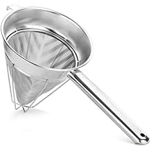 New Star Foodservice Reinforced Bouillon Strainer, 8-Inch, Fine Mesh, 18/8 Stainless Steel, Commercial Kitchen Strainer for Stocks, Sauces, Soups, and Purees