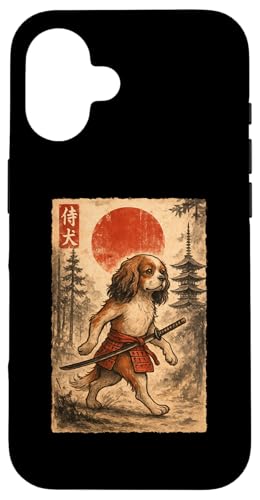 Perro Ukiyo-e Cavalier King Charles Spaniel Samurái vintage Carcasa para iPhone 16