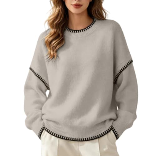 Image of Womens Knit Sweater Oversized Crewneck Contrast Stitch Drop Shoulder Top (Light Ashy,S)