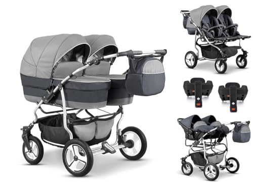 Elcar Zwillingskinderwagen 5 in 1 Twin Star inkl. Autositzen und Iso Bases - 14 Teile - in Grau-Dunkelgrau
