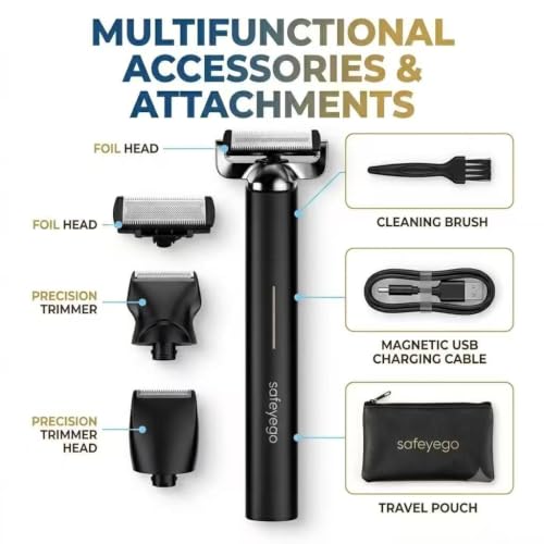 SAFEYEGO Multi-Function Electric Shaver for Women, T8P 5-in-1 Rechargeable Wet/Dry Hair Remover for Face, Legs, Bikini Area, IPX7 Waterproof Body Trimmer with LED Display & Fast Charging（Black） — view 2