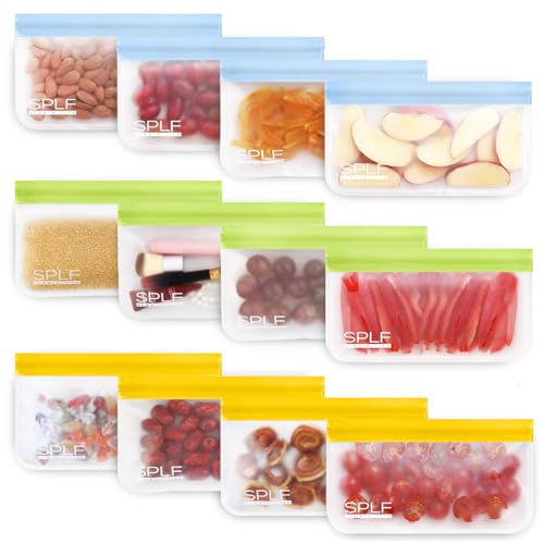 SPLF 12 Pack BPA Free Reusable Snack Bags, Reusable Storage Bags, Extra Thick Leakproof Reusable Freezer Bags Silicone and Plastic Free Lunch Bags Food Storage Home Organization