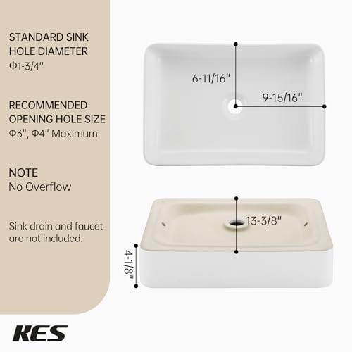 Image of KES 20 Inch Low Profile Vessel Sink, Large Rectangular White Ceramic Bathroom Sink Above Counter, Shallow Countertop Vanity Sink for Modern Farmhouse Antique Dresser Vanity, No Overflow, BVS123S50