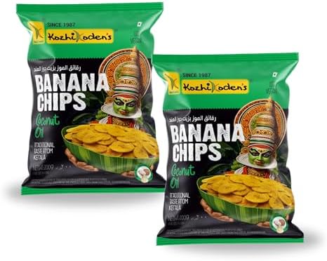 KOZHIKODEN'S Banana Chips | Made in 100% Pure Coconut Oil | 400g (2 x 200g Packs) | Crispy Kerala Snack | No Artificial Flavors, Colors, or Preservatives | Vegan & Healthy | Thin Nendran Wafers