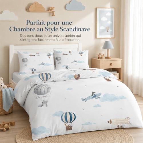 Miniatura 2 de Globo AerostáTico Funda Nordica Cama 90 Infantil AvióN Ropa de Cama 3 Piezas, Microfibra Suave Transpirable Funda de Edredon Nordico 150x220 cm y 2 Funda de Almohada 50x75 cm, con Cremallera